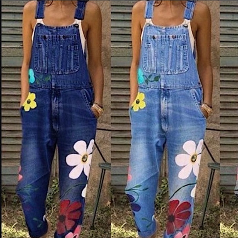 🌸L Blue Flower Power Denim Overalls - Picture 6 of 6